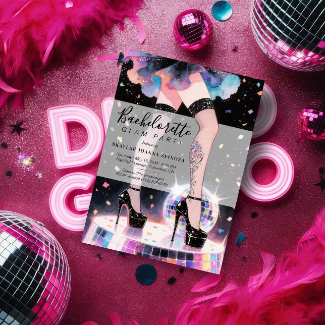 Invitación Glam and Funny Go-go Dancing Disco Bachelorette (Glam and Funny Showgirl Dancing Disco Wedding Bachelorette Party Invitations Cards.)