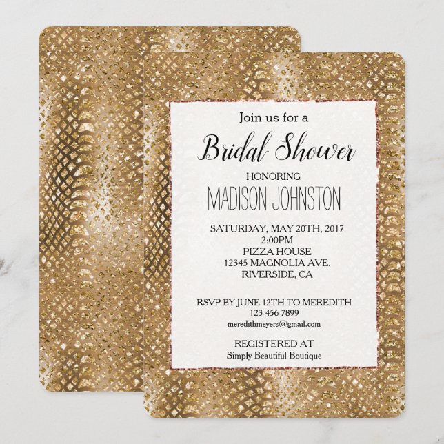 Invitación Glam Animal Glitzy de piel de serpiente dorada (Anverso / Reverso)