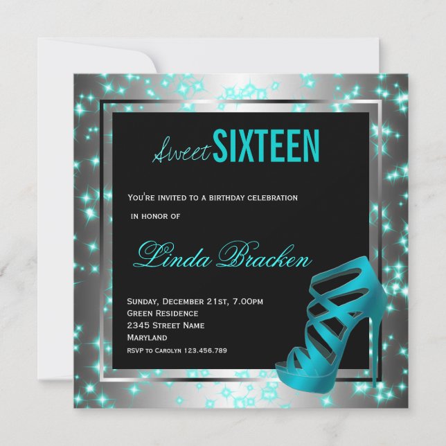 Invitación Glam Aqua Twinkle de alto talón Dulce Dieciséis In (Anverso)