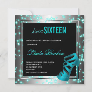 Invitación Glam Aqua Twinkle de alto talón Dulce Dieciséis In