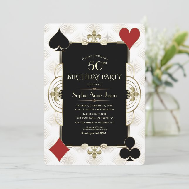 Invitación Glam Art Deco Casino Royale Poker Mujer Cumpleaños (Anverso de pie)
