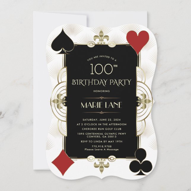 Invitación Glam Art Deco Casino Royale Poker Mujer Cumpleaños (Anverso)