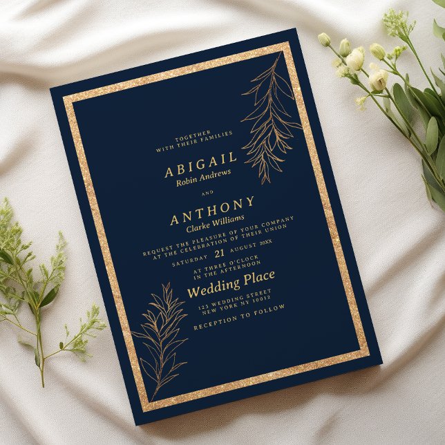 Invitación Glam azul marino oro purpurina hoja Boda floral (Glam navy blue gold glitter leaf floral Wedding)