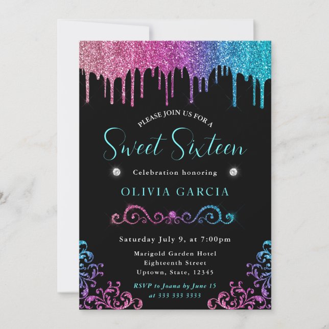 Invitación Glam Azul y Rosa Gradiente Brillo Dulce 16 (Anverso)