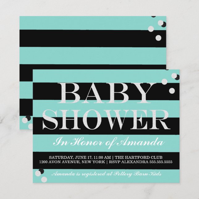 Invitación Glam BABY Verde azulado Blue & Silver Sprinkle Sho (Anverso / Reverso)