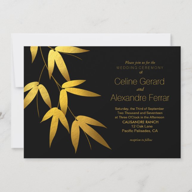 Invitación Glam Bamboo deja a Boda de Relieve metalizado dora (Anverso)
