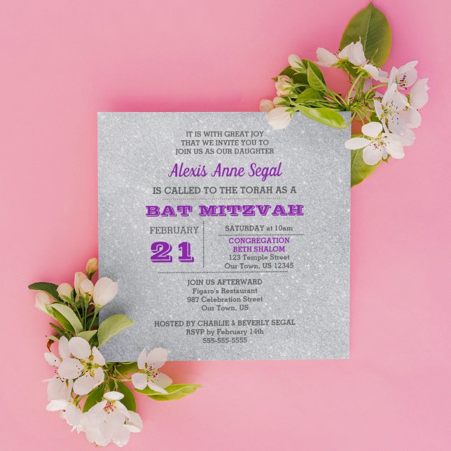 Invitación Glam Bat Mitzvah, Purpurina de Amethyy Silver (Subido por el creador)