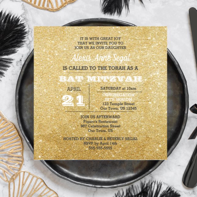 Invitación Glam Bat Mitzvah, Purpurina de diamantes y oro (Subido por el creador)