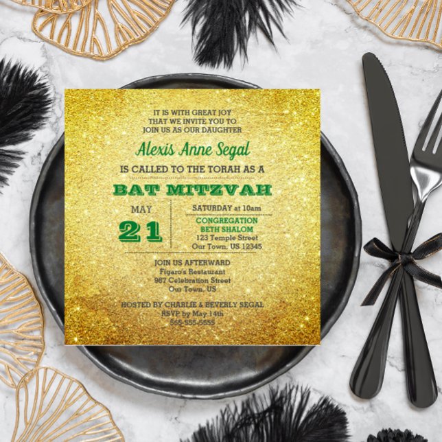 Invitación Glam Bat Mitzvah, Purpurina de Emerald Birthstone (Subido por el creador)