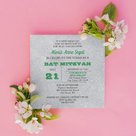 Invitación Glam Bat Mitzvah, Purpurina de Esmeralda y Plata