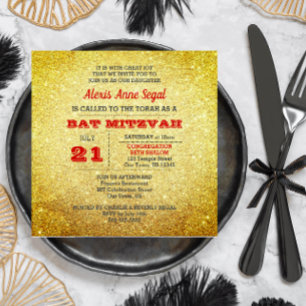 Invitación Glam Bat Mitzvah, Purpurina de Ruby y Oro