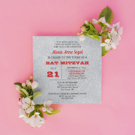 Invitación Glam Bat Mitzvah, Purpurina de Ruby y Plata