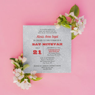 Invitación Glam Bat Mitzvah, Purpurina de Ruby y Plata