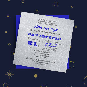 Invitación Glam Bat Mitzvah, Purpurina de Sapphire y Plata