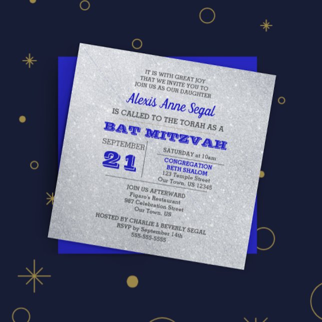 Invitación Glam Bat Mitzvah, Purpurina de Sapphire y Plata (Subido por el creador)