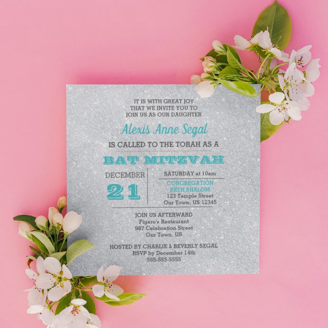 Invitación Glam Bat Mitzvah, Purpurina de Turquesa y Plata (Subido por el creador)