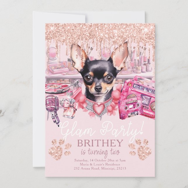 Invitación Glam Birthday Elegant Dog Purpurina (Anverso)