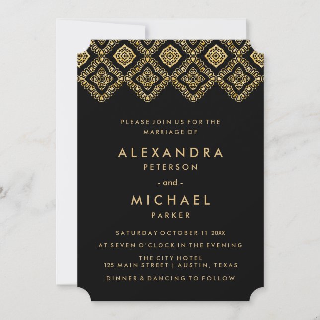 Invitación Glam Black and Gold Eastern Inspired Boda (Anverso)