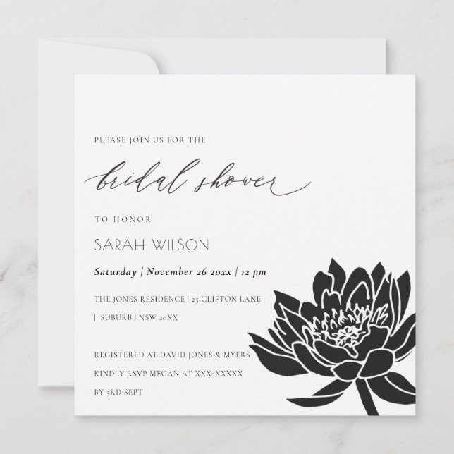 Invitación Glam Black and White Lotus Floral Bridal Shower (Anverso)