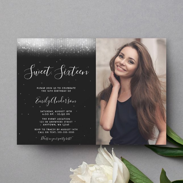 Invitación Glam Black and White Sweet 16 Photo (Subido por el creador)