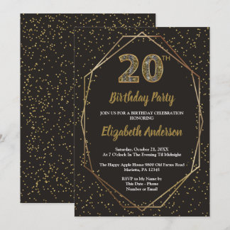 Invitación Glam Black Gold 20th Birthday Party