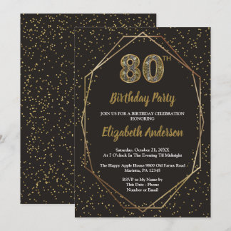 Invitación Glam Black Gold 80th Birthday Party