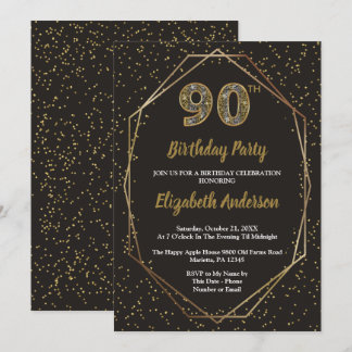 Invitación Glam Black Gold 90th Birthday Party