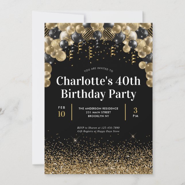 Invitación Glam Black Gold Balloon Purpurina Cualquier cumple (Anverso)