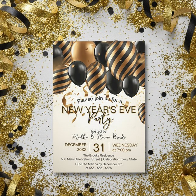 Invitación Glam Black Gold Balloons New Year's Eve Party (Subido por el creador)