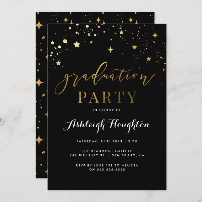 Invitación Glam Black & Gold Confetti Graduation Party (Anverso / Reverso)