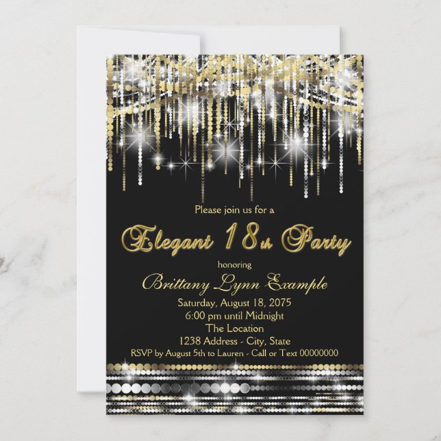 Invitación Glam Black Gold Elegant 18th Birthday Party (Anverso)