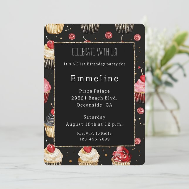 Invitación Glam Black Gold Purpurina Glitzy Cupcakes Cumpleañ (Anverso de pie)