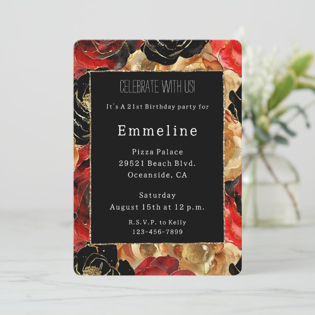 Invitación Glam Black Gold Purpurina Glitzy Floral Cumpleaños (Anverso de pie)