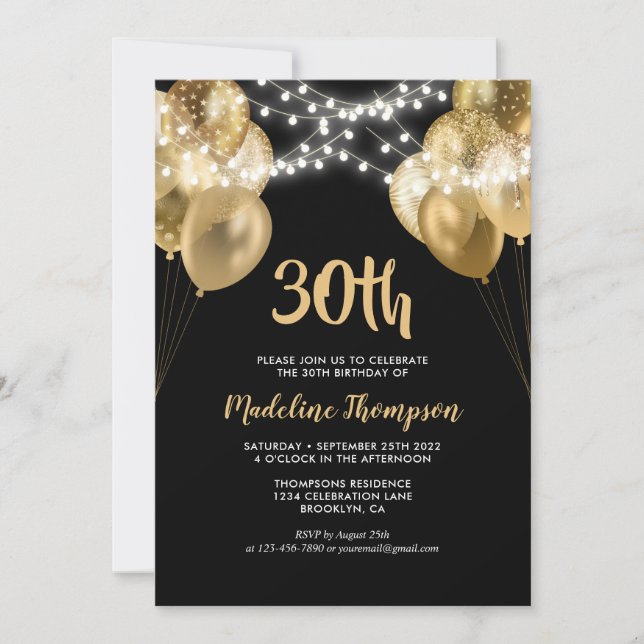 Invitación Glam Black Gold String Light Balloon Birday (Anverso)