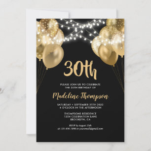Invitación Glam Black Gold String Light Balloon Birday