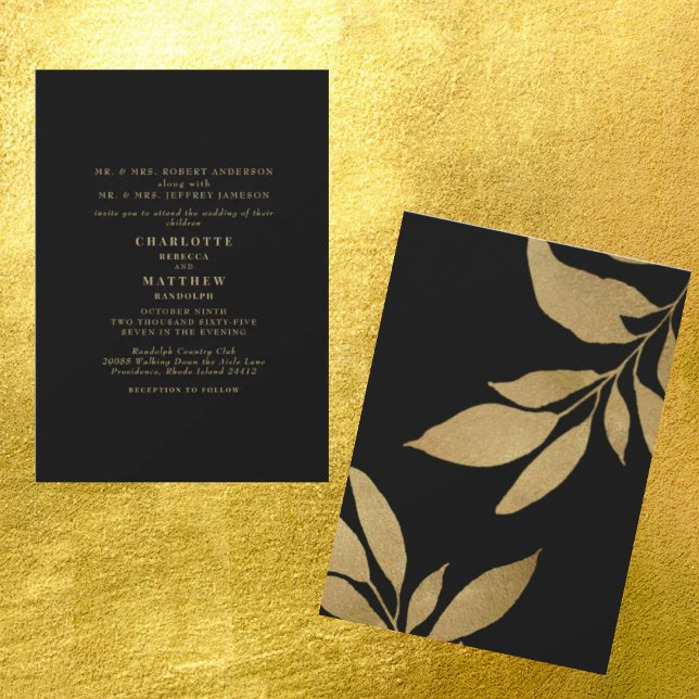 Invitación Glam Black Metallic Gold Foliage Boda (Subido por el creador)