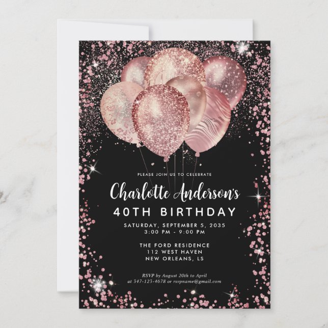 Invitación Glam Black Pink Rose Gold Purpurina Balloon Cumple (Anverso)