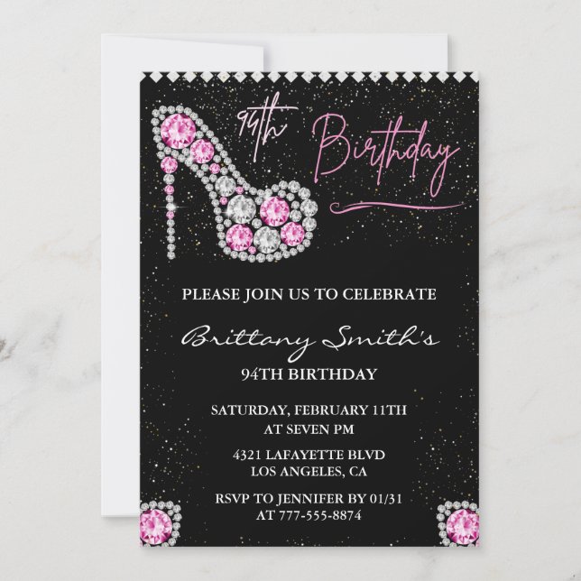 Invitación Glam Black Pink Silver Diamante 94 cumpleaños (Anverso)