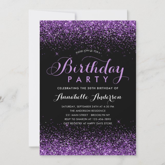 Invitación Glam Black Purple Purpurina Sparkle Cualquier Cump (Anverso)