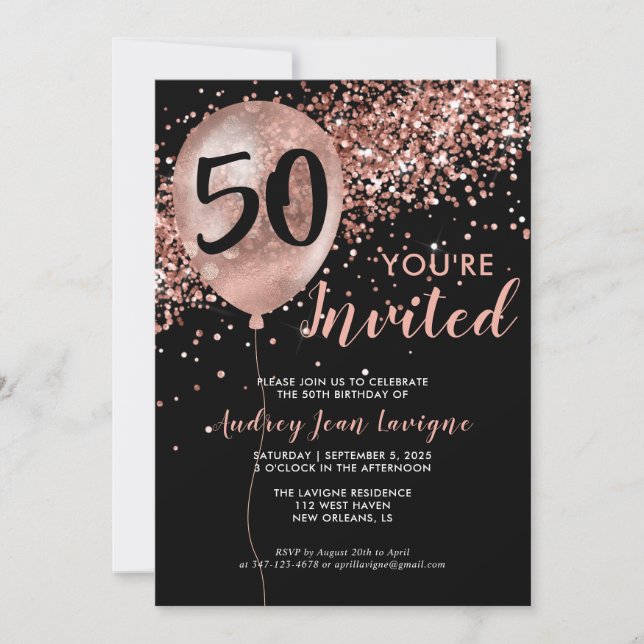 Invitación Glam Black Rosa Gold Purpurina Balón 50 cumpleaños (Anverso)