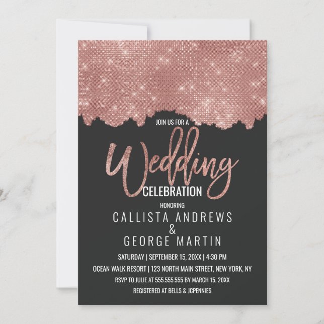 Invitación Glam Black Rosa Gold Purpurina Boda de bloques de  (Anverso)