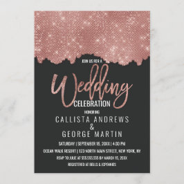 Invitación Glam Black Rosa Gold Purpurina Boda de bloques de