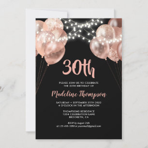 Invitación Glam Black Rosa Gold String Light Balloon Birday