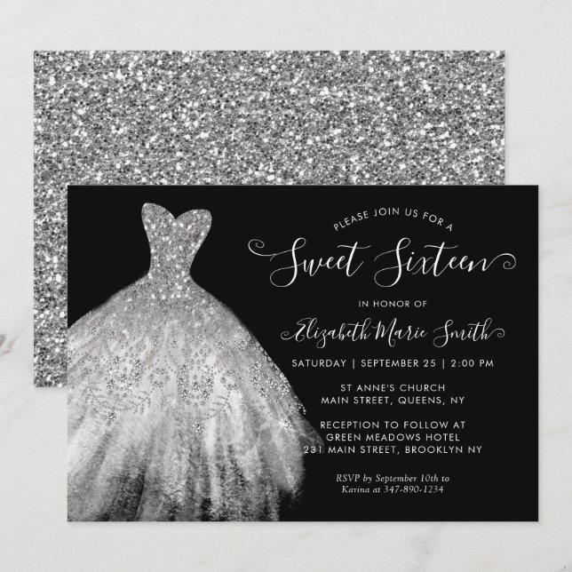 Invitación Glam Black Silver Purpurina Vestido dulce 16 cumpl (Anverso / Reverso)