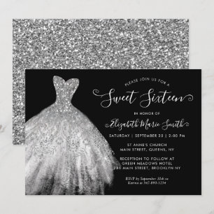 Invitación Glam Black Silver Purpurina Vestido Dulce 16 Cumpl