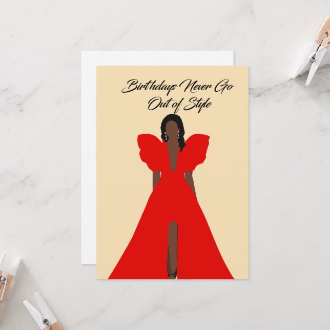 Invitación Glam Black Woman Card| Red Dress Birthday  (Anverso/Reverso In Situ)