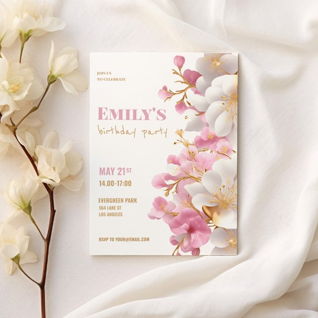 Invitación Glam blanco dorado rosa elegante cumpleaños floral (Glam white gold pink elegant floral birthday)
