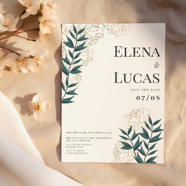 Invitación Glam blanco oro verde peonías hoja boda floral (Glam white gold green peonies leaf floral wedding)