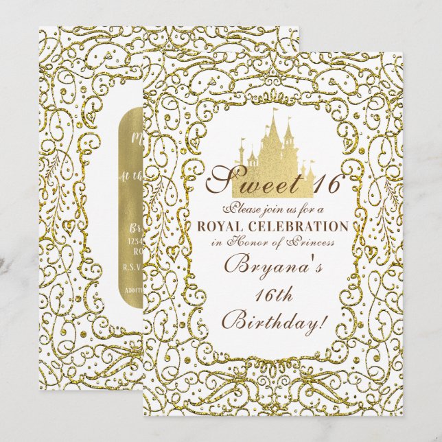 Invitación Glam Blanco y Oro Castillo Real Princesa Dulces 16 (Anverso / Reverso)