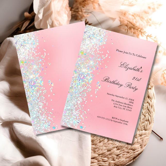 Invitación Glam Bling, Purpurina blanco rosado de Rubor, cump (Blush Pink White Glitter 21st Twenty First Birthday Party Invitation)